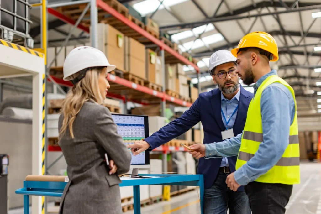 Externe Fachkraft für Arbeitssicherheit im Unternehmen Externe Fachkraft für Arbeitssicherheit berät Führungskräfte in einer Produktionshalle