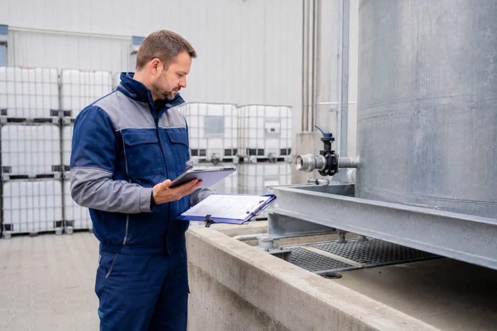AwSV-Sachverständiger bei der Prüfung einer technischen Anlage