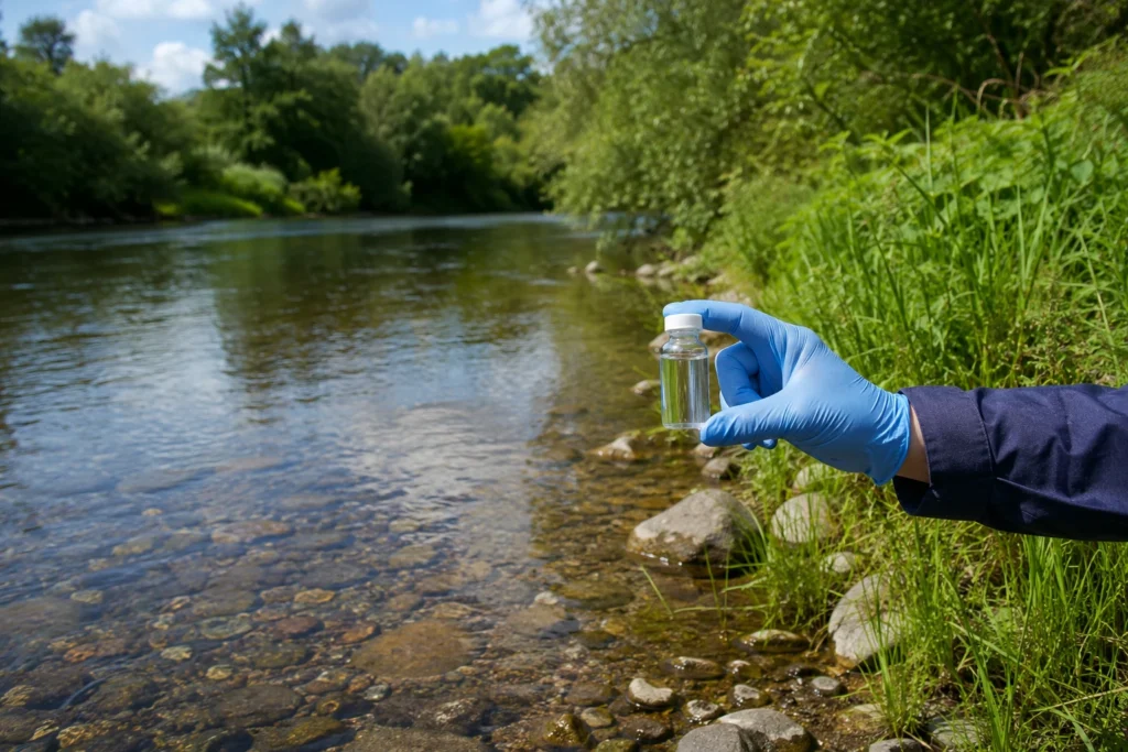 Wasserprobe an einem Gewässer zur Kontrolle und zum Schutz vor Verunreinigungen